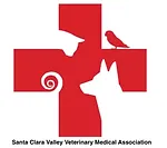 Logo of the Santa Clara Valley Veterinary Medical Association featuring a red cross, animal silhouettes including a dog, cat, and bird, symbolizing veterinary care and community support for pet health.